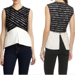 BCBGMaxAzria Vicki Lace Tuxedo Blouse Sleeveless Peplum Zip Back Black White XXS